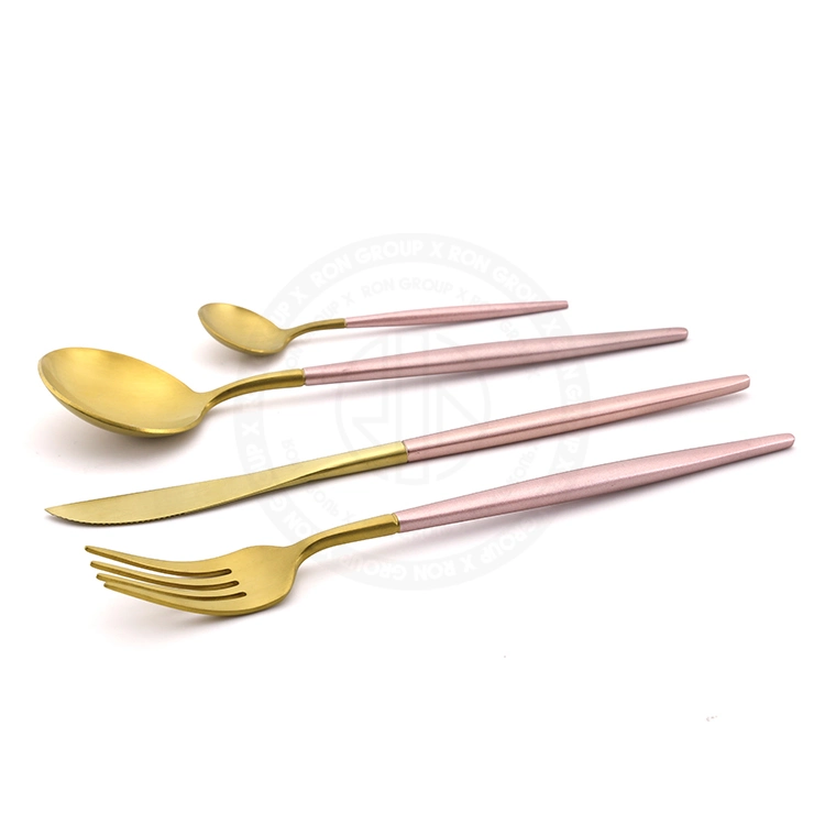 Western Restaurant Hotel Kitchen Silverware Knife Spoon Fork Solid Pink Handle with Gold Flatware Stainless Steel Cutlery