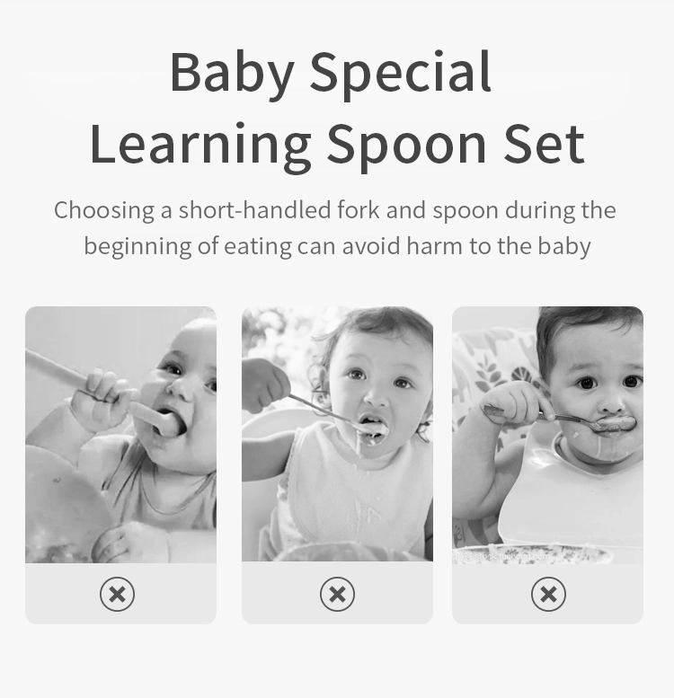 Cute Cartoon Silicone Handle Toddler Learning Feeding Tableware Stainless Steel Spoon and Fork