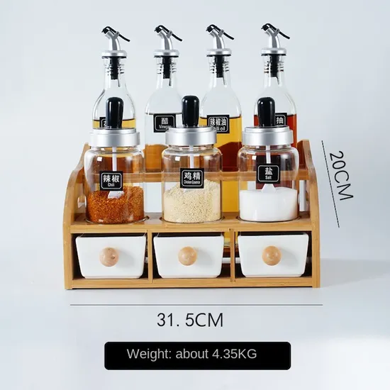 Kitchenware Bamboo Ceramic Condiment Seasoning Jar Glass Oil Bottle Storage Set